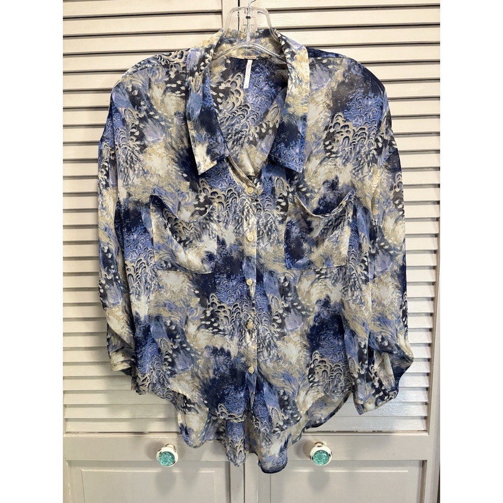 Free People Floral Sheer Long Tab Sleeves Blouse Size XS Button Up Pockets